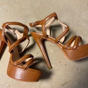 Platform strappy high heel sandals, light brown/tan, size 10